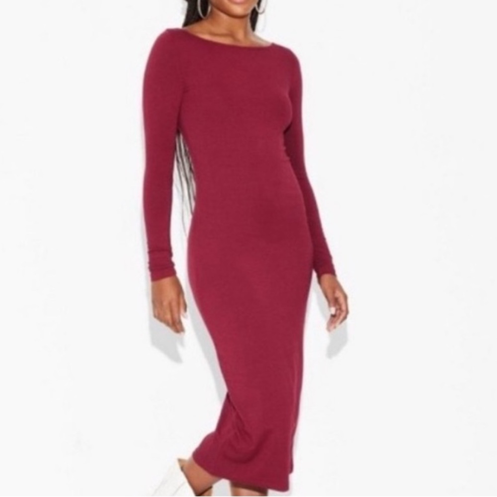 Wild Fable Dark Red Maroon Long Sleeve Boat Neck Midi Bodycon Dress